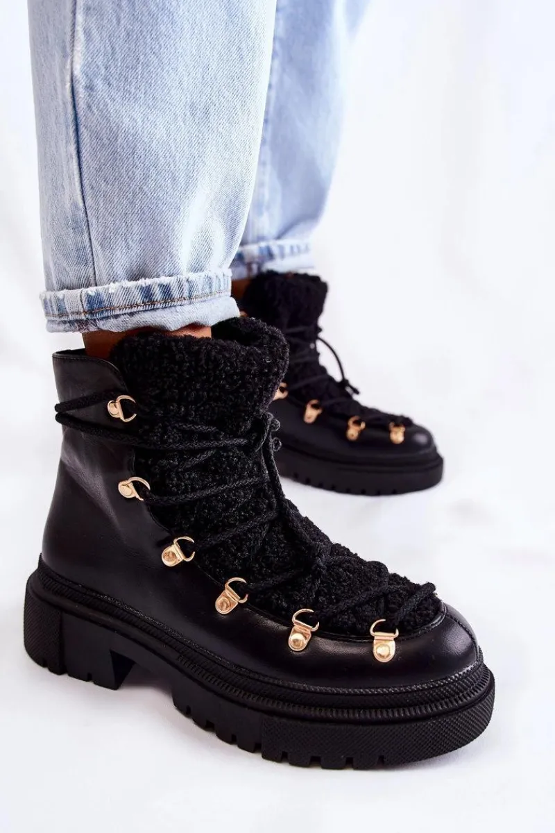 Damskie Trapery|Botki Sznurowane>Boto Skórzane Ocieplane Botki Trapery Czarne Arisa