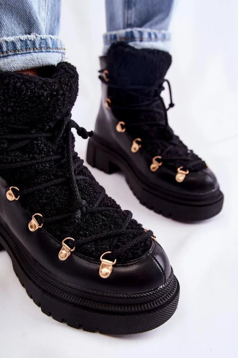 Damskie Trapery|Botki Sznurowane>Boto Skórzane Ocieplane Botki Trapery Czarne Arisa