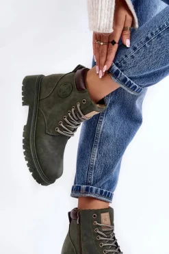 Clearance Evento Skórzane Ocieplane Botki Trapery Ciemnozielone Felizia