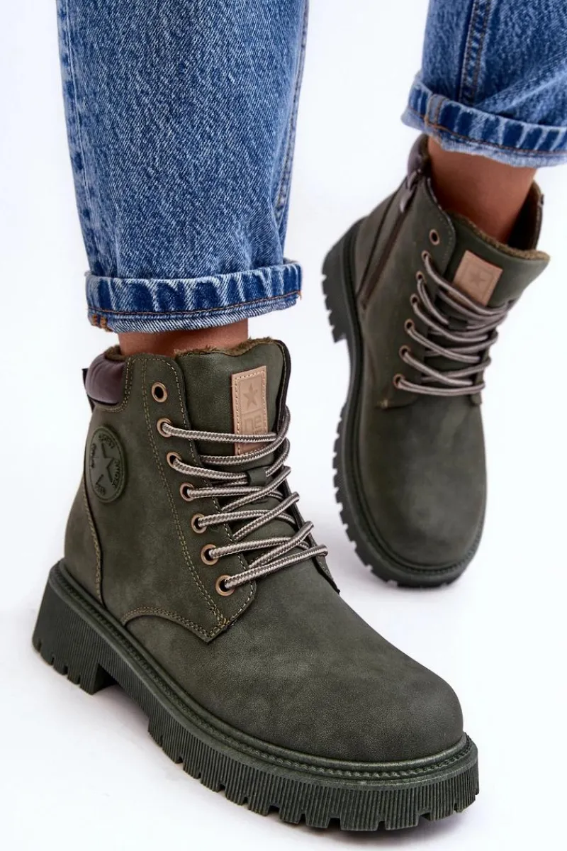 Clearance Evento Skórzane Ocieplane Botki Trapery Ciemnozielone Felizia