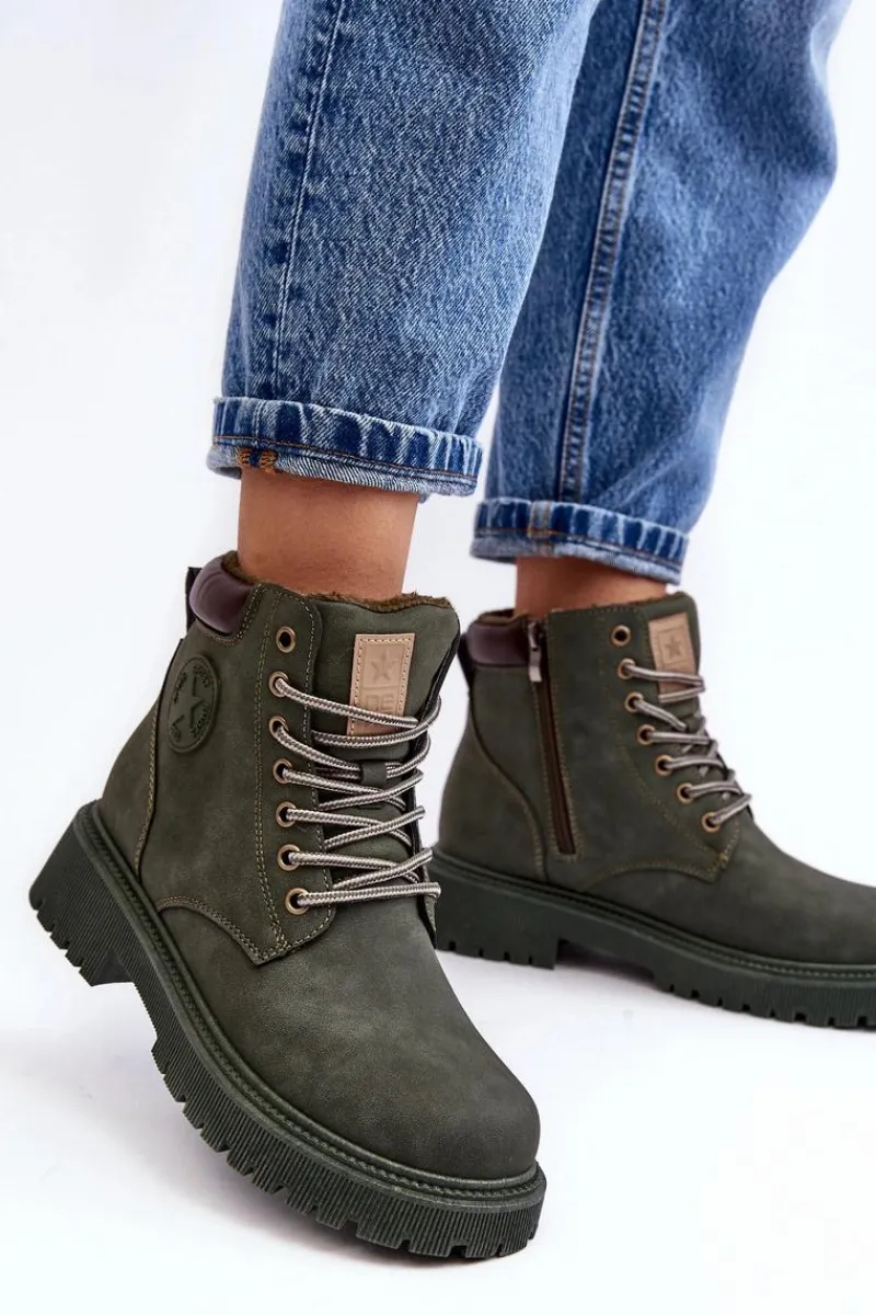 Clearance Evento Skórzane Ocieplane Botki Trapery Ciemnozielone Felizia