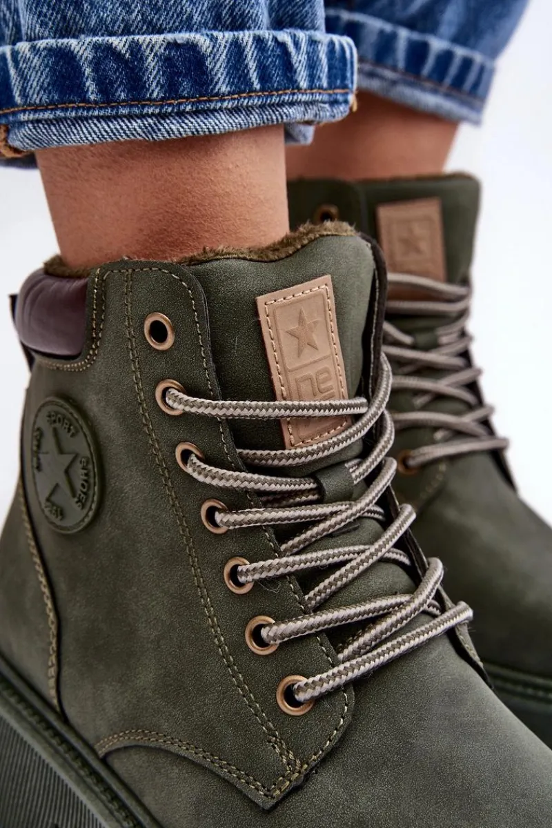 Clearance Evento Skórzane Ocieplane Botki Trapery Ciemnozielone Felizia