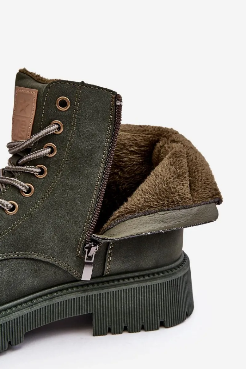 Clearance Evento Skórzane Ocieplane Botki Trapery Ciemnozielone Felizia