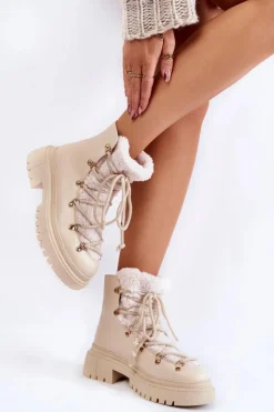Skórzane Ocieplane Botki Trapery Jasnobeżowe Arisa Damskie Damskie Trapery|Botki Sznurowane