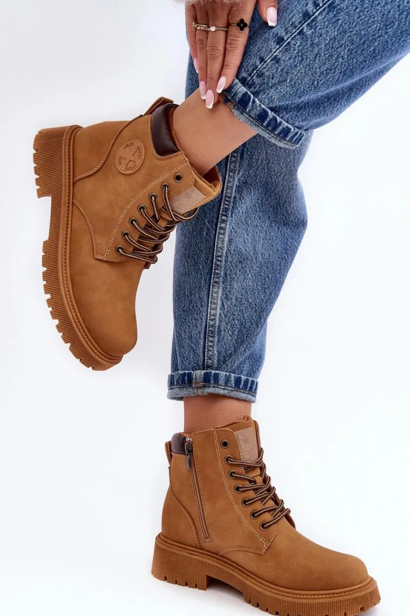 Botki Ocieplane|Damskie Trapery>Evento Skórzane Ocieplane Botki Trapery Camel Felizia Brązowy