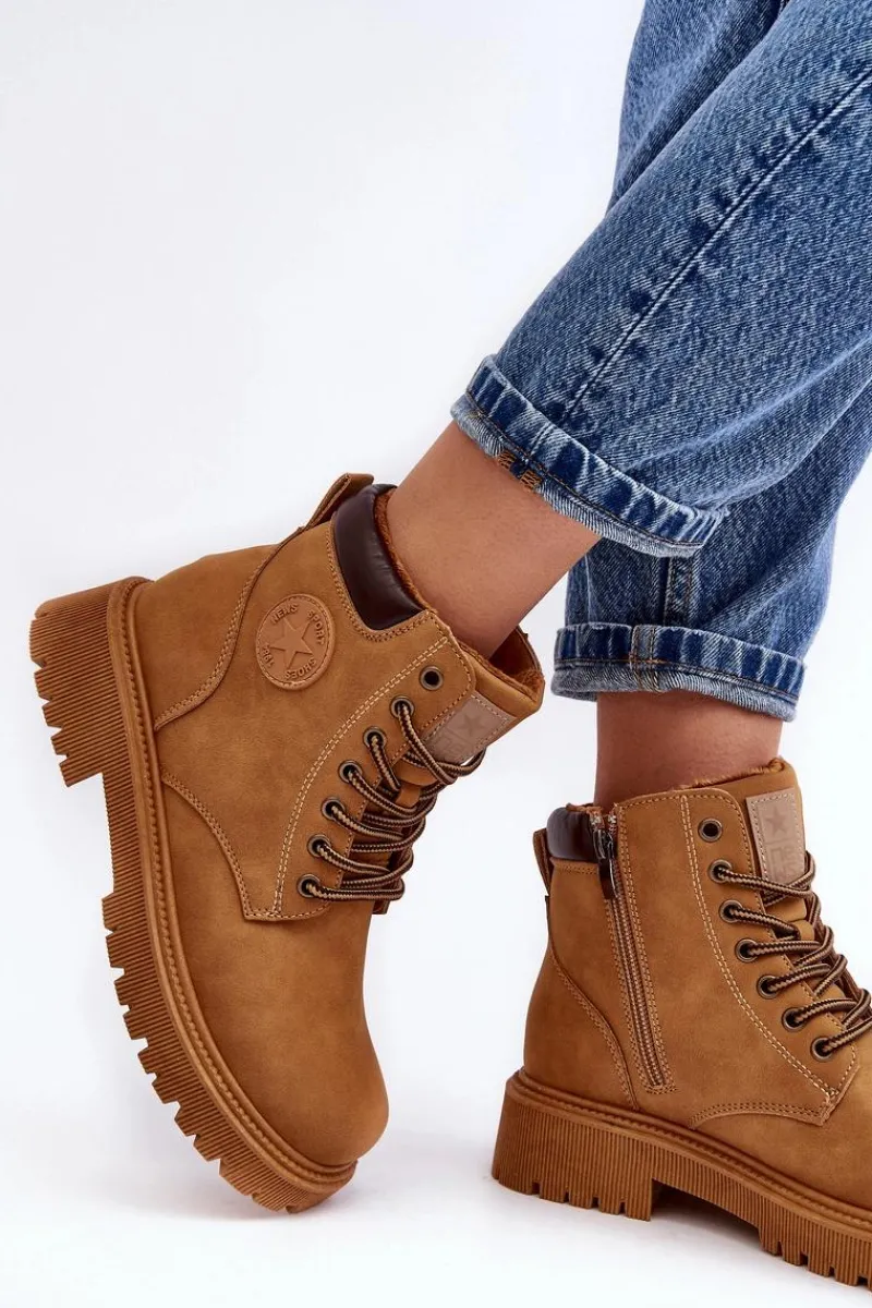 Botki Ocieplane|Damskie Trapery>Evento Skórzane Ocieplane Botki Trapery Camel Felizia Brązowy