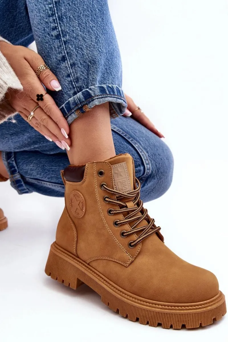 Botki Ocieplane|Damskie Trapery>Evento Skórzane Ocieplane Botki Trapery Camel Felizia Brązowy