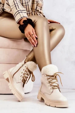 Skórzane Ocieplane Botki Trapery Beżowe Molissa Damskie Damskie Trapery|Botki Sznurowane