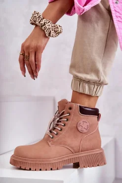 Best Evento Skórzane Ocieplane Botki Trapery Różowe Felizia