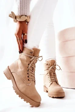 Botki Sznurowane|Botki Zimowe Damskie>Boto Skórzane Ocieplane Botki Workery Beżowe Kimmie