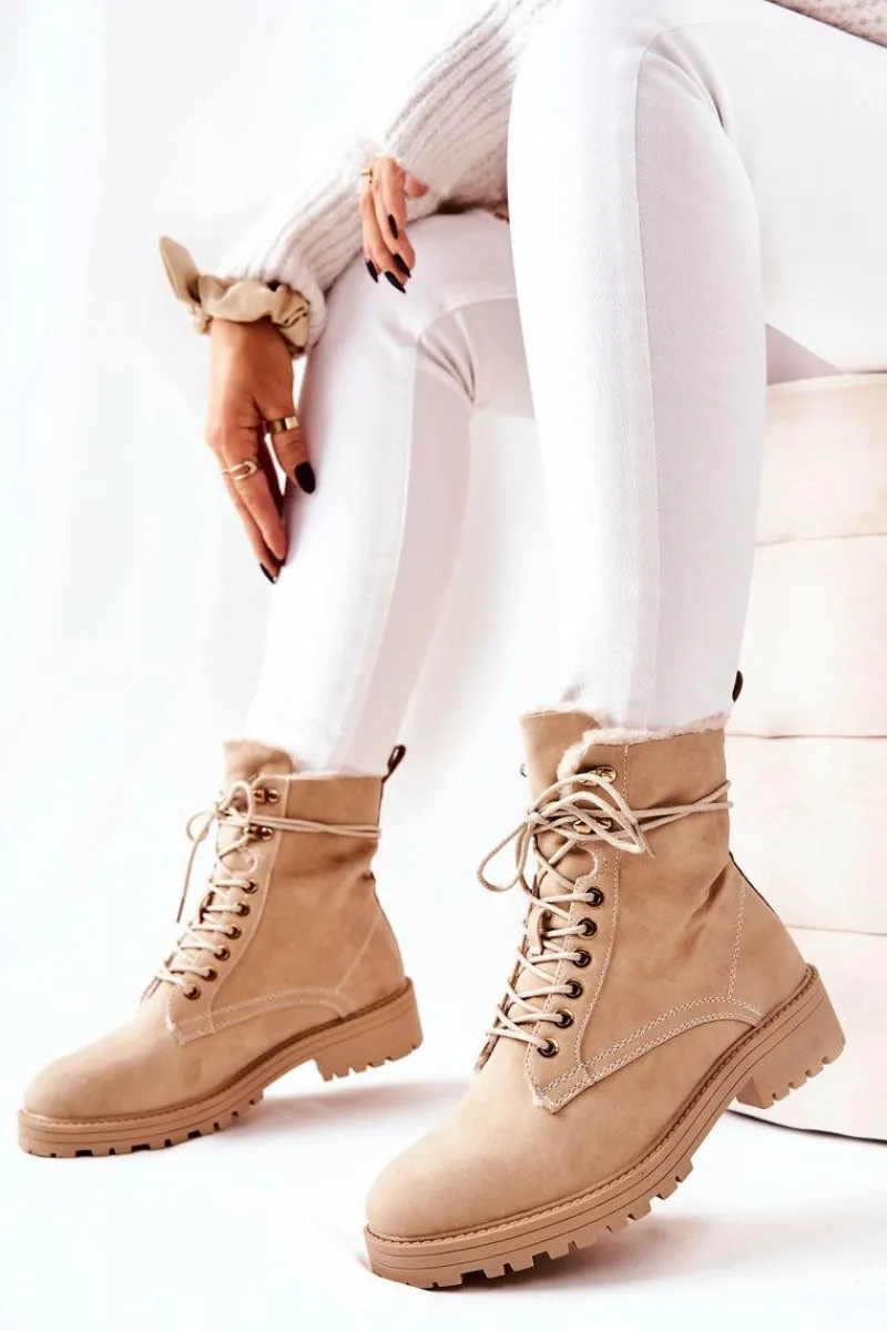 Botki Sznurowane|Botki Zimowe Damskie>Boto Skórzane Ocieplane Botki Workery Beżowe Kimmie