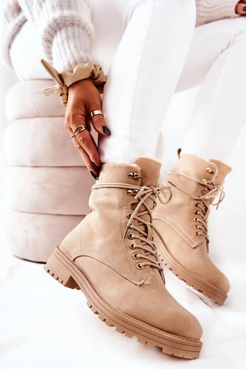 Botki Sznurowane|Botki Zimowe Damskie>Boto Skórzane Ocieplane Botki Workery Beżowe Kimmie