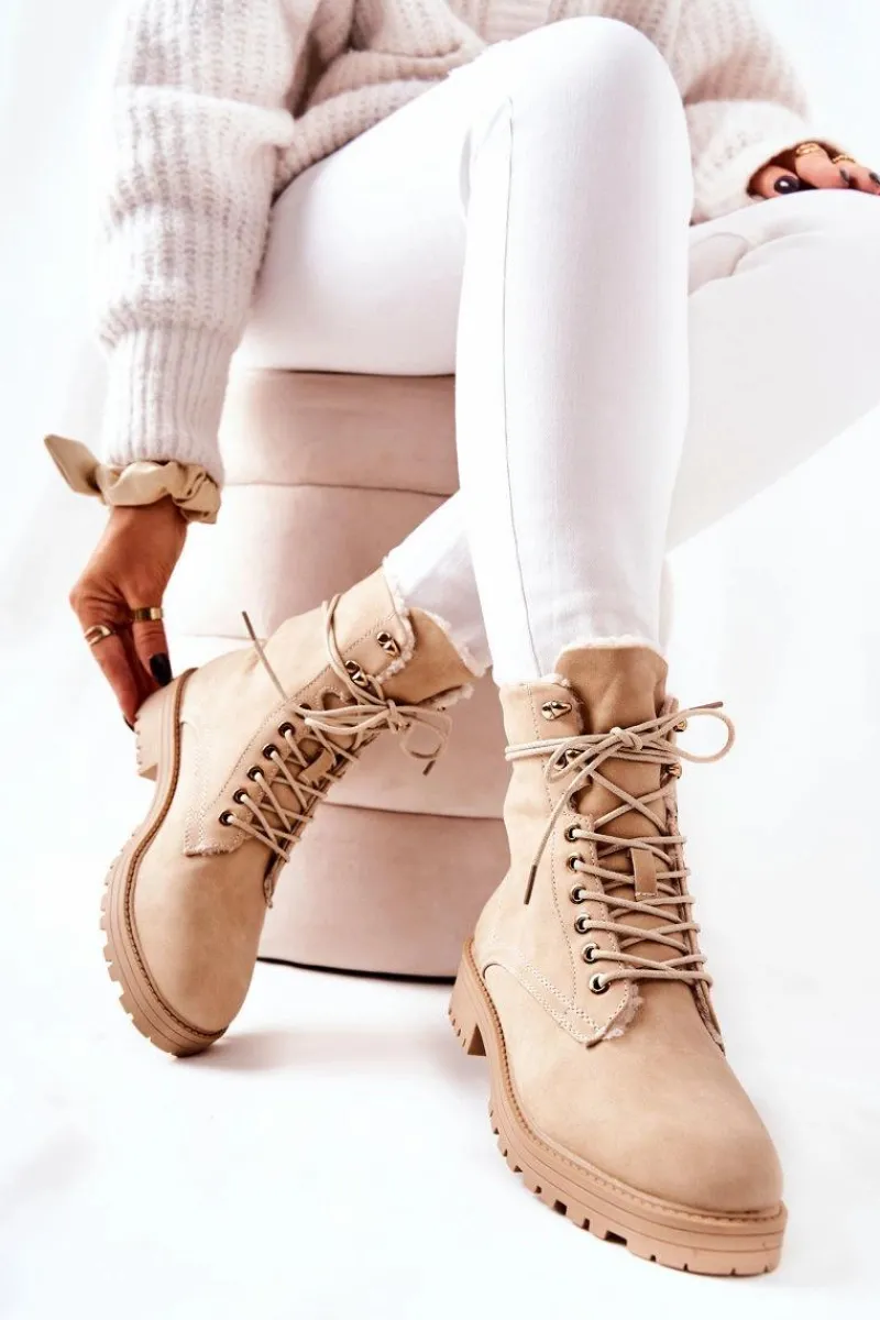 Botki Sznurowane|Botki Zimowe Damskie>Boto Skórzane Ocieplane Botki Workery Beżowe Kimmie