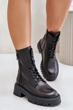 Best Big Star Shoes Skórzane Ocieplane Botki Workery Damskie Big Star OO274A387 Czarne