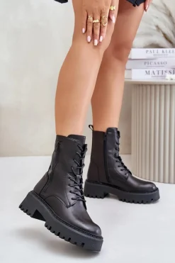 Best Big Star Shoes Skórzane Ocieplane Botki Workery Damskie Big Star OO274A387 Czarne