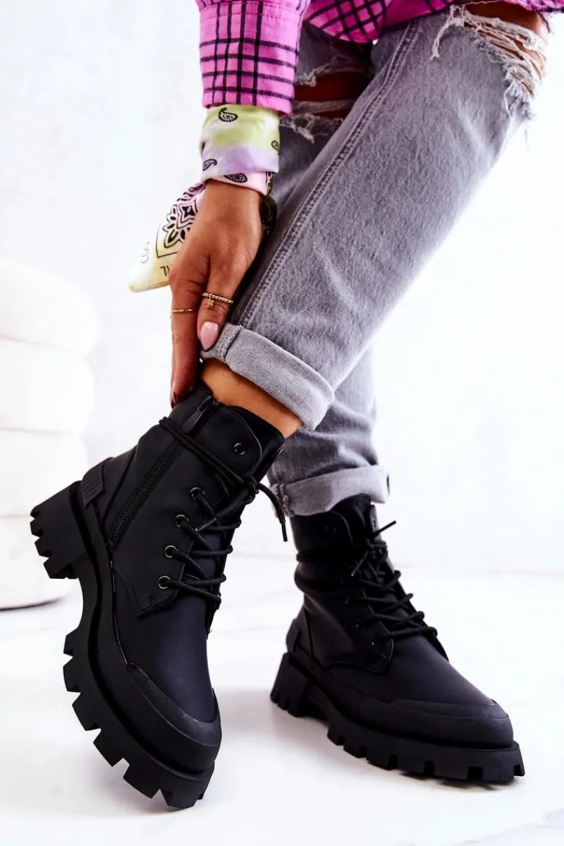 Outlet Skórzane Ocieplane Botki Wiązane Czarne Racquell Damskie Botki Sznurowane|Czarne Botki