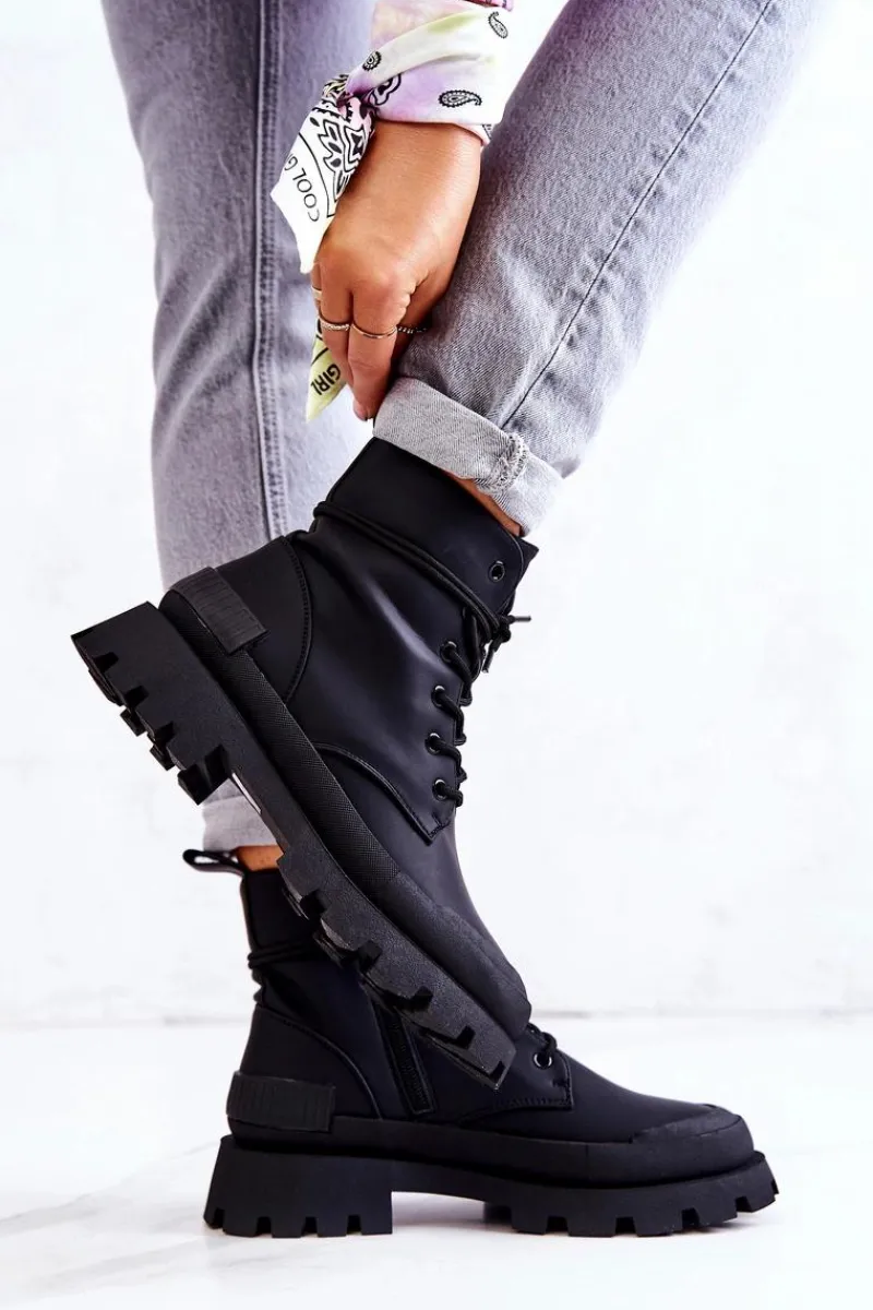 Outlet Skórzane Ocieplane Botki Wiązane Czarne Racquell Damskie Botki Sznurowane|Czarne Botki