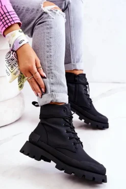 Outlet Skórzane Ocieplane Botki Wiązane Czarne Racquell Damskie Botki Sznurowane|Czarne Botki