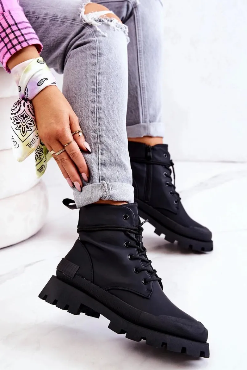 Outlet Skórzane Ocieplane Botki Wiązane Czarne Racquell Damskie Botki Sznurowane|Czarne Botki