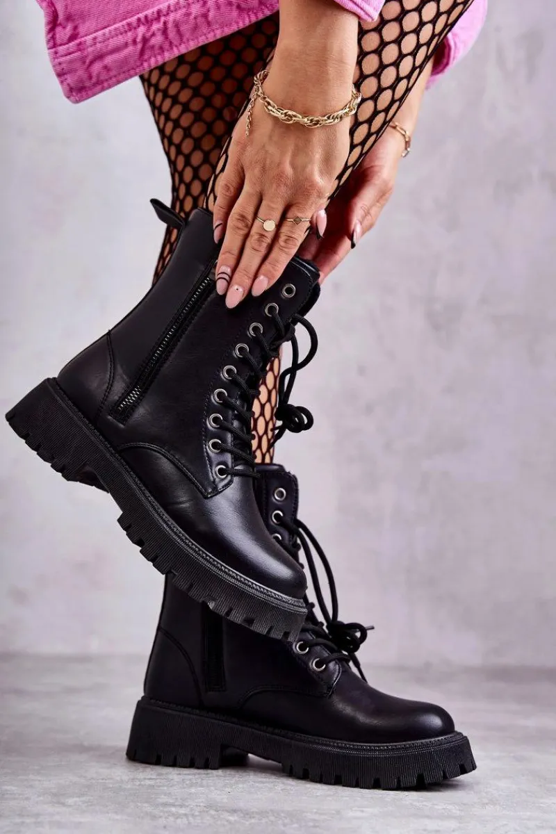 Botki Sznurowane|Czarne Botki>Evento Skórzane Ocieplane Botki Workery wiązane Czarne Maria