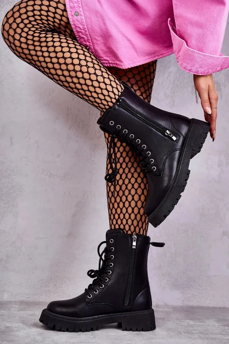 Botki Sznurowane|Czarne Botki>Evento Skórzane Ocieplane Botki Workery wiązane Czarne Maria