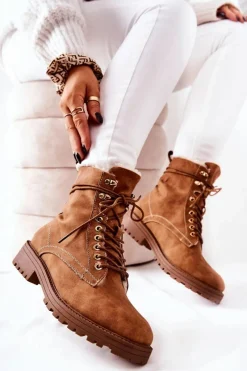 Best Boto Skórzane Ocieplane Botki Workery Camel Kimmie