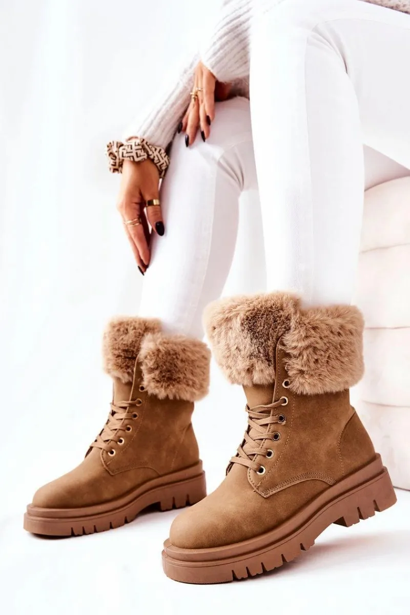Hot Skórzane Ocieplane Botki Z Futerkiem Beżowe Farley Damskie Damskie Trapery|Botki Sznurowane