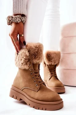 Hot Skórzane Ocieplane Botki Z Futerkiem Beżowe Farley Damskie Damskie Trapery|Botki Sznurowane