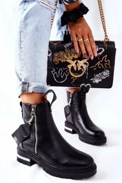 Czarne Botki|Brązowe I Beżowe Botki>Boto Skórzane Ocieplane Botki Z Suwakiem Czarne Cortona