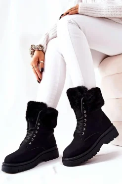 Damskie Trapery|Botki Sznurowane>Boto Skórzane Ocieplane Botki Z Futerkiem Czarne Farley