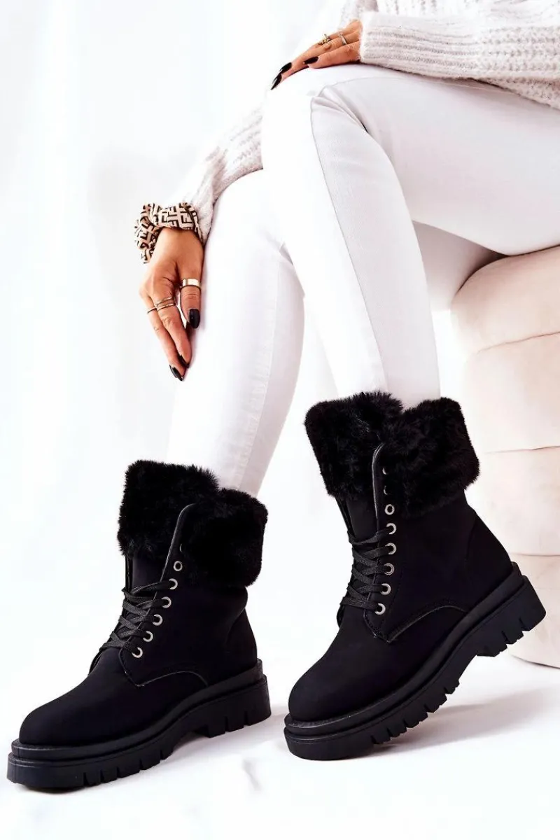 Damskie Trapery|Botki Sznurowane>Boto Skórzane Ocieplane Botki Z Futerkiem Czarne Farley