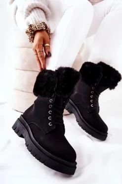 Damskie Trapery|Botki Sznurowane>Boto Skórzane Ocieplane Botki Z Futerkiem Czarne Farley