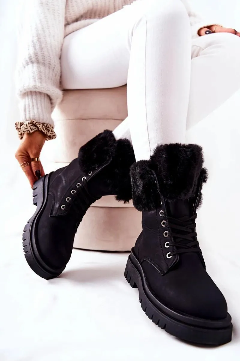 Damskie Trapery|Botki Sznurowane>Boto Skórzane Ocieplane Botki Z Futerkiem Czarne Farley