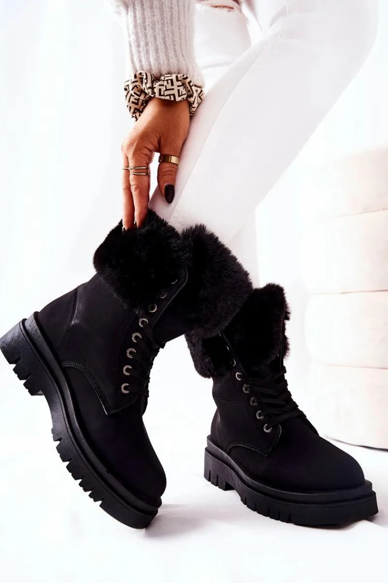 Damskie Trapery|Botki Sznurowane>Boto Skórzane Ocieplane Botki Z Futerkiem Czarne Farley