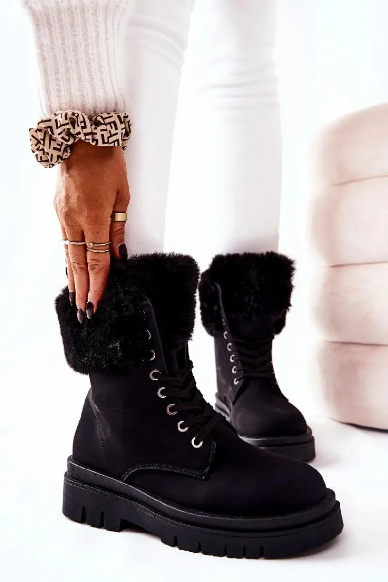 Damskie Trapery|Botki Sznurowane>Boto Skórzane Ocieplane Botki Z Futerkiem Czarne Farley
