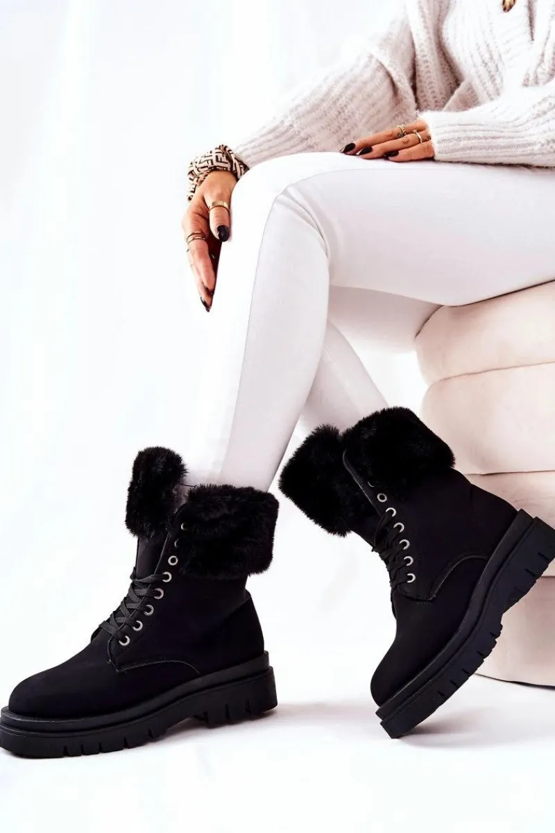 Damskie Trapery|Botki Sznurowane>Boto Skórzane Ocieplane Botki Z Futerkiem Czarne Farley