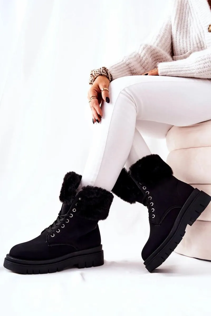 Damskie Trapery|Botki Sznurowane>Boto Skórzane Ocieplane Botki Z Futerkiem Czarne Farley