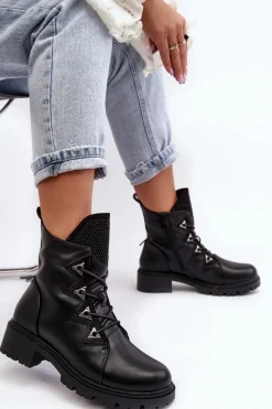 Sale Damskie buty S.Barski Skórzane Ocieplane Botki Z Dżetami Czarne Gwen S.Barski HY93-52A