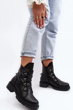 Sale Damskie buty S.Barski Skórzane Ocieplane Botki Z Dżetami Czarne Gwen S.Barski HY93-52A