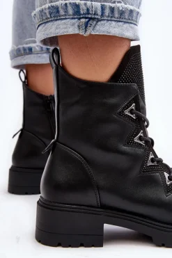 Sale Damskie buty S.Barski Skórzane Ocieplane Botki Z Dżetami Czarne Gwen S.Barski HY93-52A