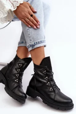 Sale Damskie buty S.Barski Skórzane Ocieplane Botki Z Dżetami Czarne Gwen S.Barski HY93-52A