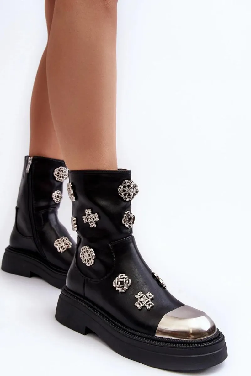 Czarne Botki|Botki Zimowe Damskie>Damskie buty S.Barski Skórzane Ocieplane Botki Z Ozdobami D&A MR870-14A Czarne