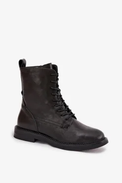 Online Big Star Shoes Skórzane Ocieplane Damskie Botki Workery Big Star SS274480 Czarne