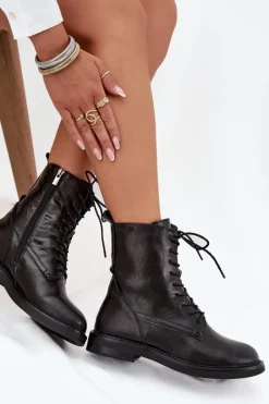 Online Big Star Shoes Skórzane Ocieplane Damskie Botki Workery Big Star SS274480 Czarne