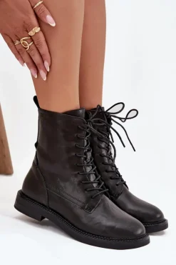 Online Big Star Shoes Skórzane Ocieplane Damskie Botki Workery Big Star SS274480 Czarne