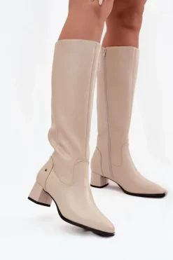 Best Skórzane Ocieplane Kozaki Damskie Na Obcasie A7165-04 Beżowe Damskie Kozaki Ocieplane|Muszkieterki