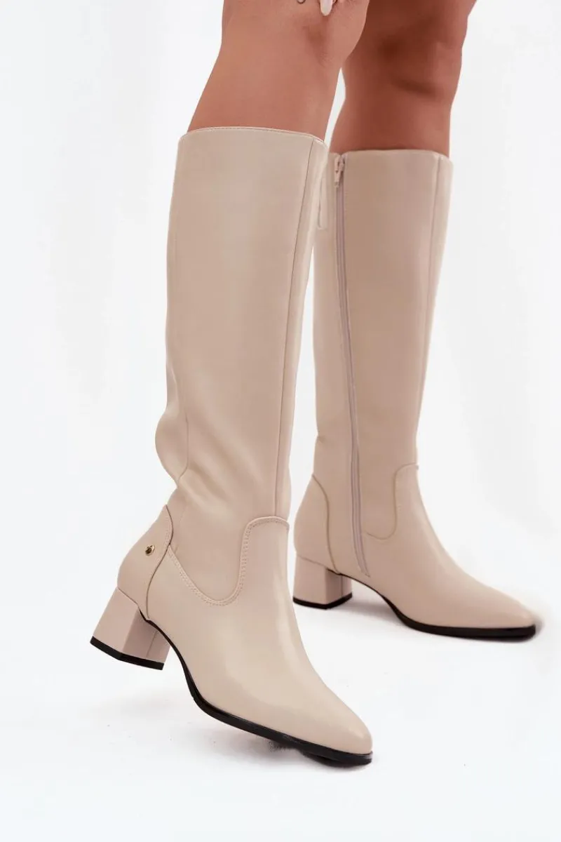 Best Skórzane Ocieplane Kozaki Damskie Na Obcasie A7165-04 Beżowe Damskie Kozaki Ocieplane|Muszkieterki