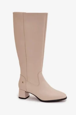 Best Skórzane Ocieplane Kozaki Damskie Na Obcasie A7165-04 Beżowe Damskie Kozaki Ocieplane|Muszkieterki