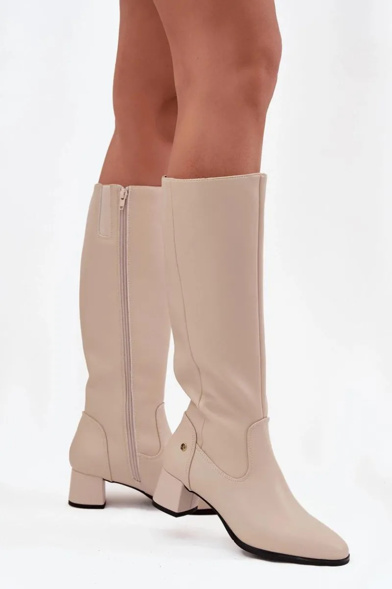 Best Skórzane Ocieplane Kozaki Damskie Na Obcasie A7165-04 Beżowe Damskie Kozaki Ocieplane|Muszkieterki