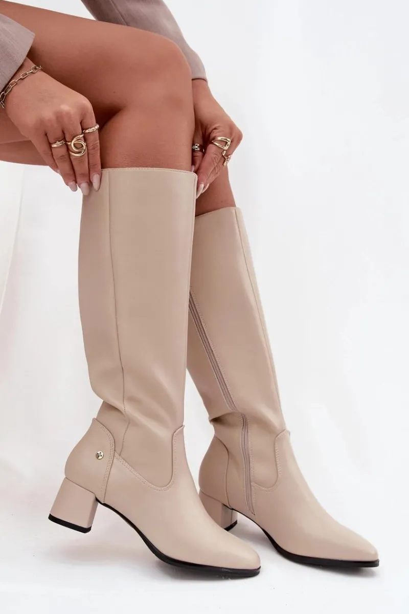 Best Skórzane Ocieplane Kozaki Damskie Na Obcasie A7165-04 Beżowe Damskie Kozaki Ocieplane|Muszkieterki